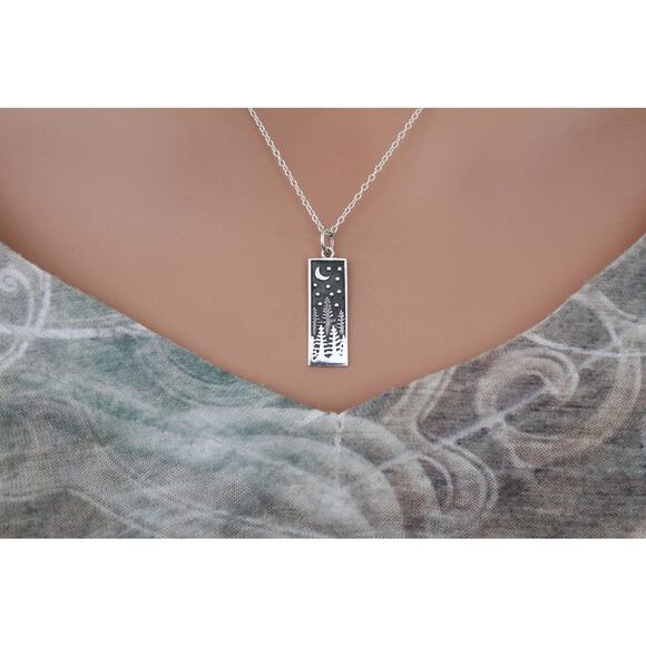 Sterling Silver Rectangle Pine Tree Charm with Moon Necklace - Picture 2 of 5